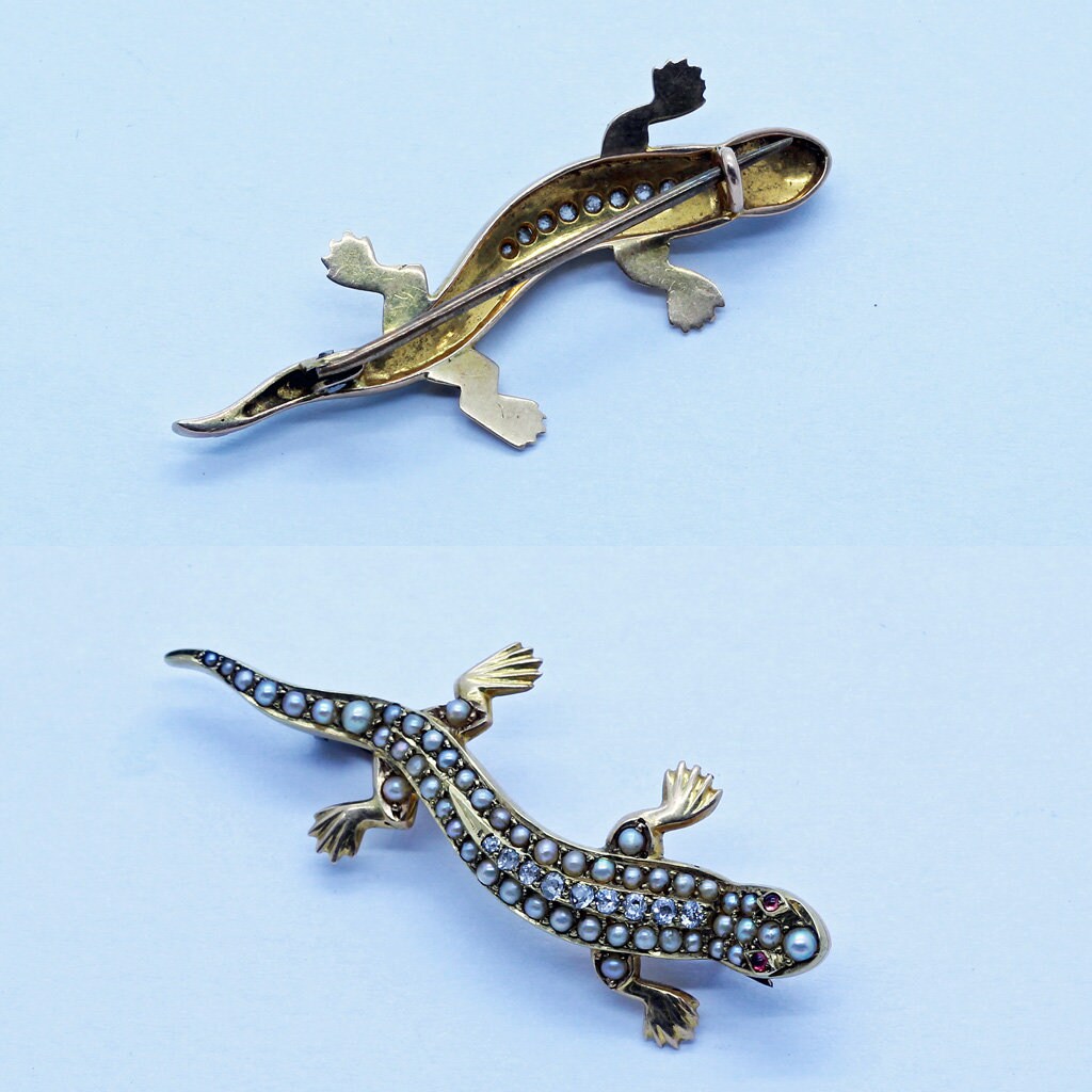 Antique Brooch Lizard Salamander Gold Diamonds Pearl Ruby Unisex (6688)