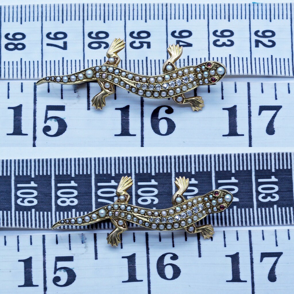 Antique Brooch Lizard Salamander Gold Diamonds Pearl Ruby Unisex (6688)