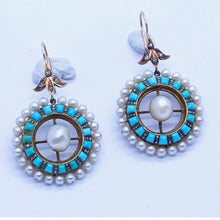 Antique Victorian Earrings Gold Turquoise Pearls Diamonds ear Pendants (6690)