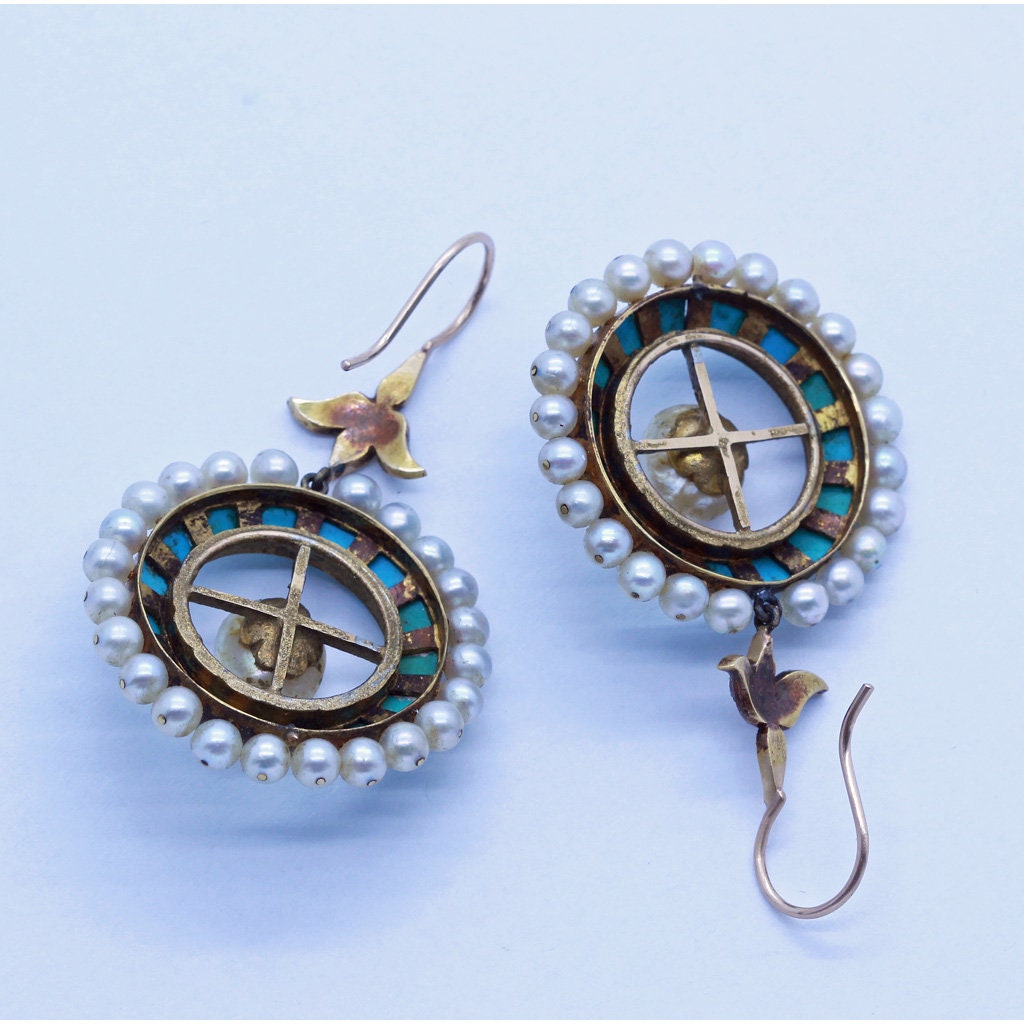 Antique Victorian Earrings Gold Turquoise Pearls Diamonds ear Pendants (6690)