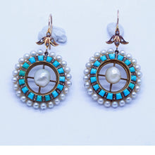 Antique Victorian Earrings Gold Turquoise Pearls Diamonds ear Pendants (6690)