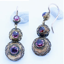 Antique Victorian Earrings Etruscan Revival Gold Garnet Ear Pendants (6691)