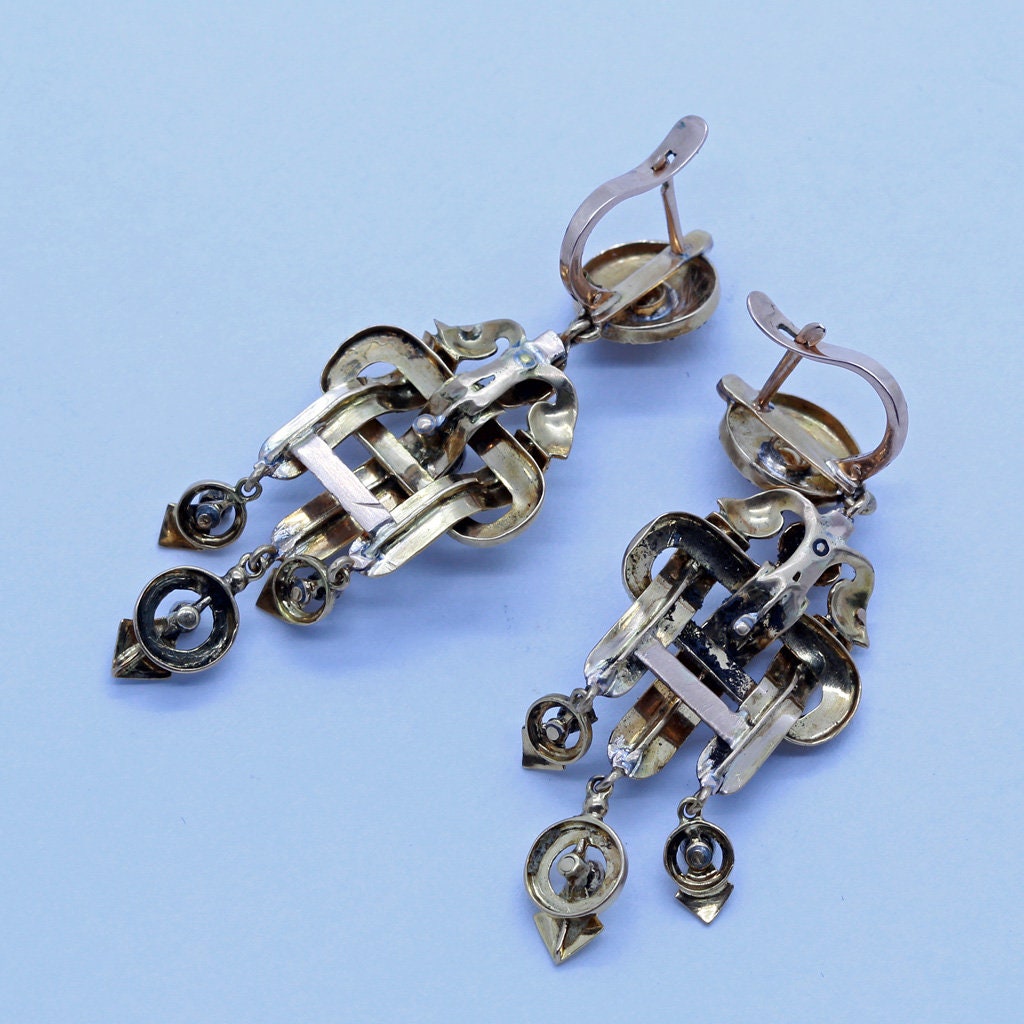 Antique Victorian Earrings Mourning Jewelry Diamonds Gold Enamel Long (6693)