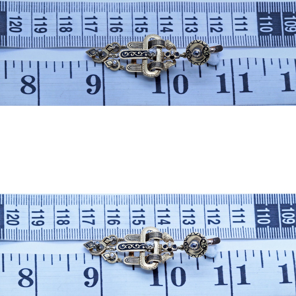 Antique Victorian Earrings Mourning Jewelry Diamonds Gold Enamel Long (6693)