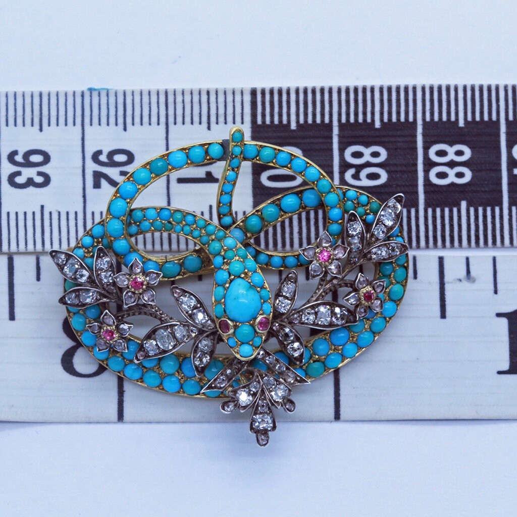 Antique Victorian Brooch Pendant Snake Turquoise Diamond Rubies 15ct Gold (6695)