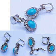Antique Earrings Ear Pendants Turquoise Diamonds 14k White Gold c1930's (6699)