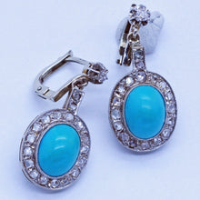 Antique Earrings Ear Pendants Turquoise Diamonds 14k White Gold c1930's (6699)