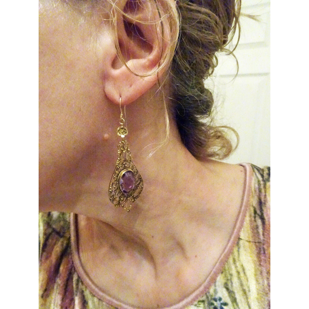 Antique Georgian Earrings 15ct Gold Cannetille Amethyst Long Ear Pendants (6712)