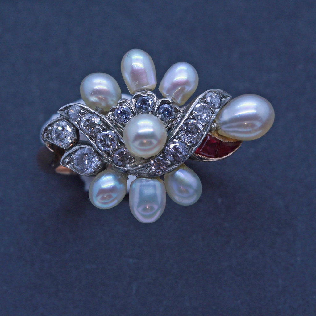 Antique Vintage Art Deco Ring Diamond Ruby Natural Pearls GIA certif Gold(6704)