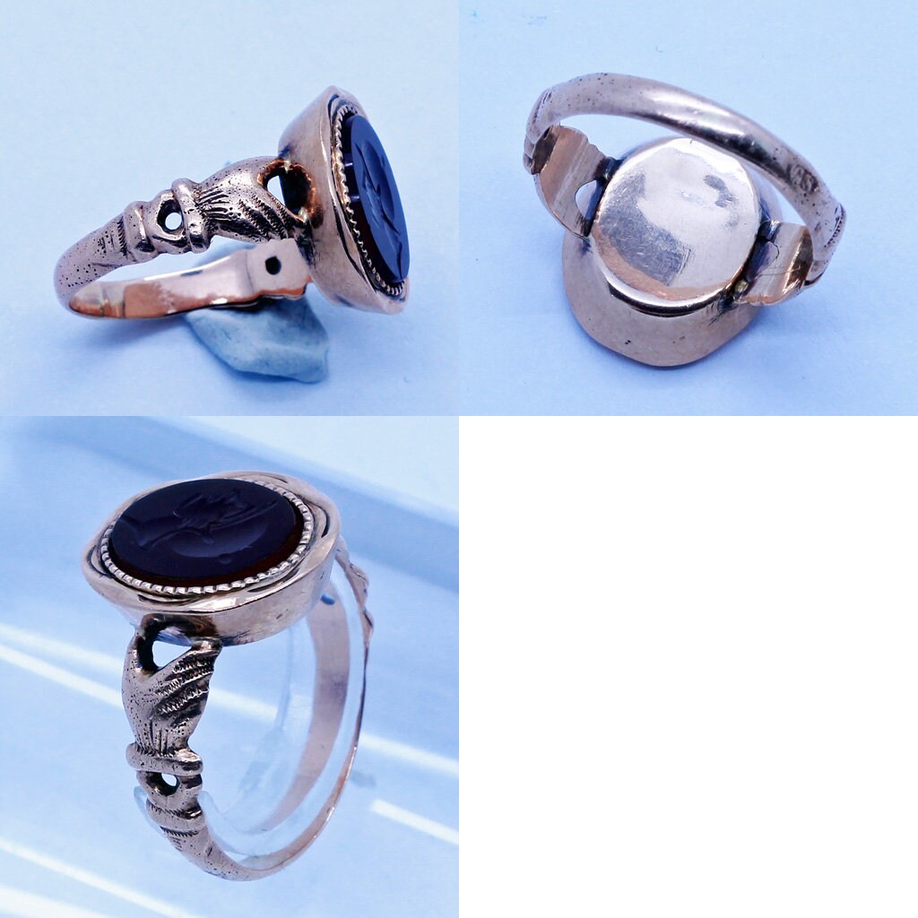 Antique Georgian Fede Ring 12k Gold Hands Hardstone Intaglio Cameo Unisex (6714)