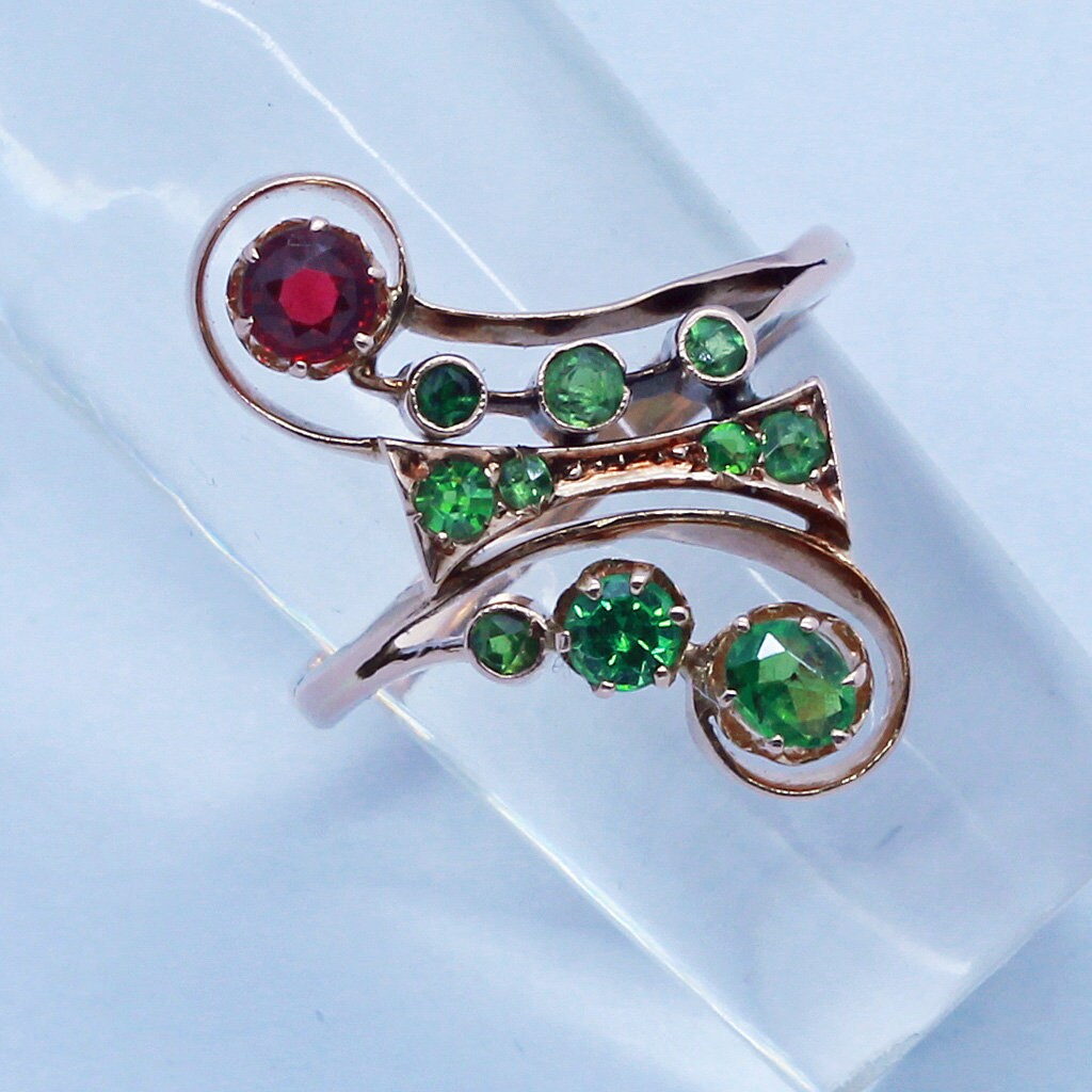 Antique Russian Nouveau Ring Demantoid Garnet Spinel 14k Gold (6717)