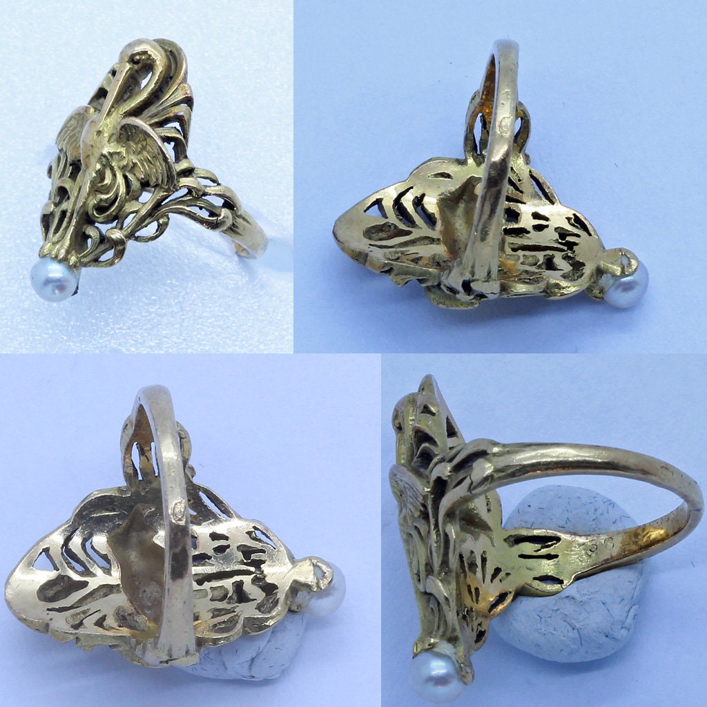 Antique Art Nouveau Ring Bird Standing on Pearl 18k Gold French c1900 (6680)
