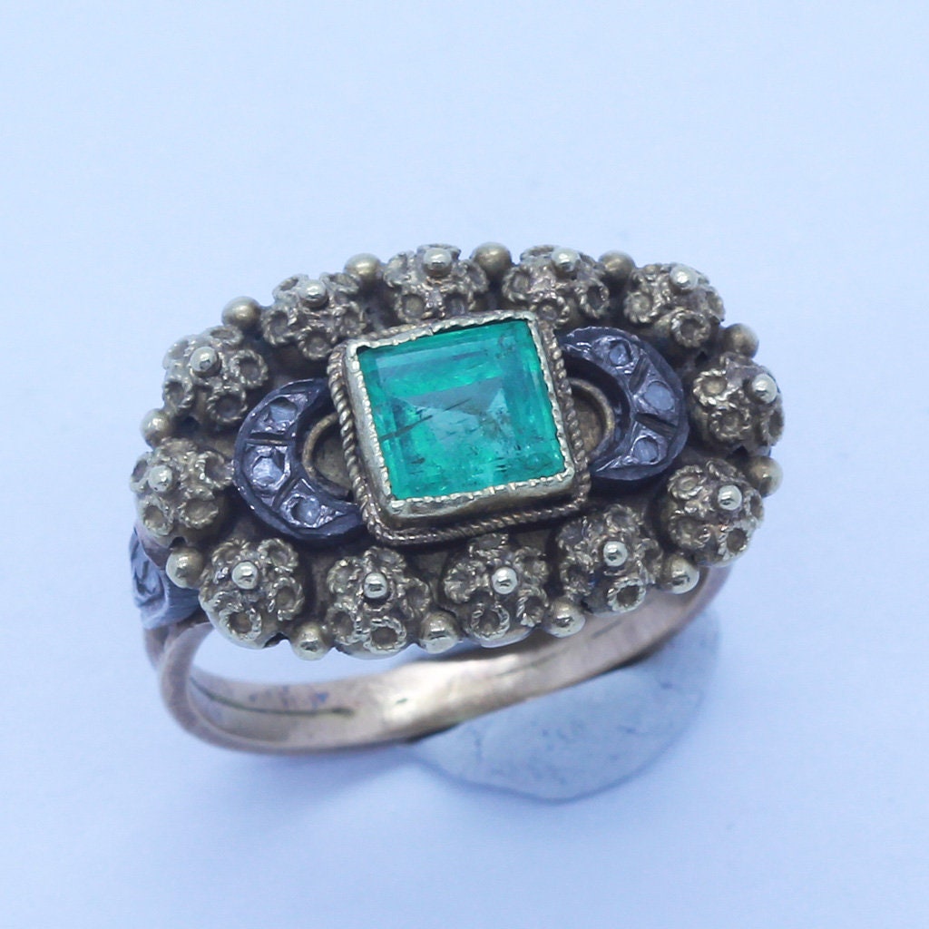 Lucien Falize Antique Victorian Ring 18k Gold Silver Emerald Diamonds (6722)