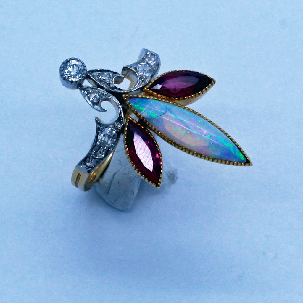 Art Nouveau Ring Platinum 18k Gold Opal Rubies Diamonds French w Appraisal (6725