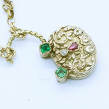 Antique Georgian Locket Pendant Gold Chain 15k Gold Emeralds Ruby Diamond (6735)