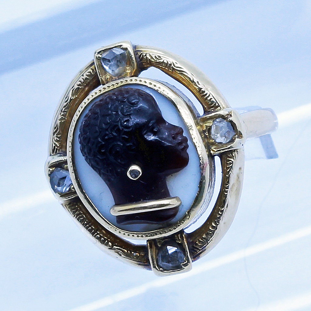 Antique Victorian Ring Blackamoor Cameo Agate 18k Gold Diamonds French (6741)