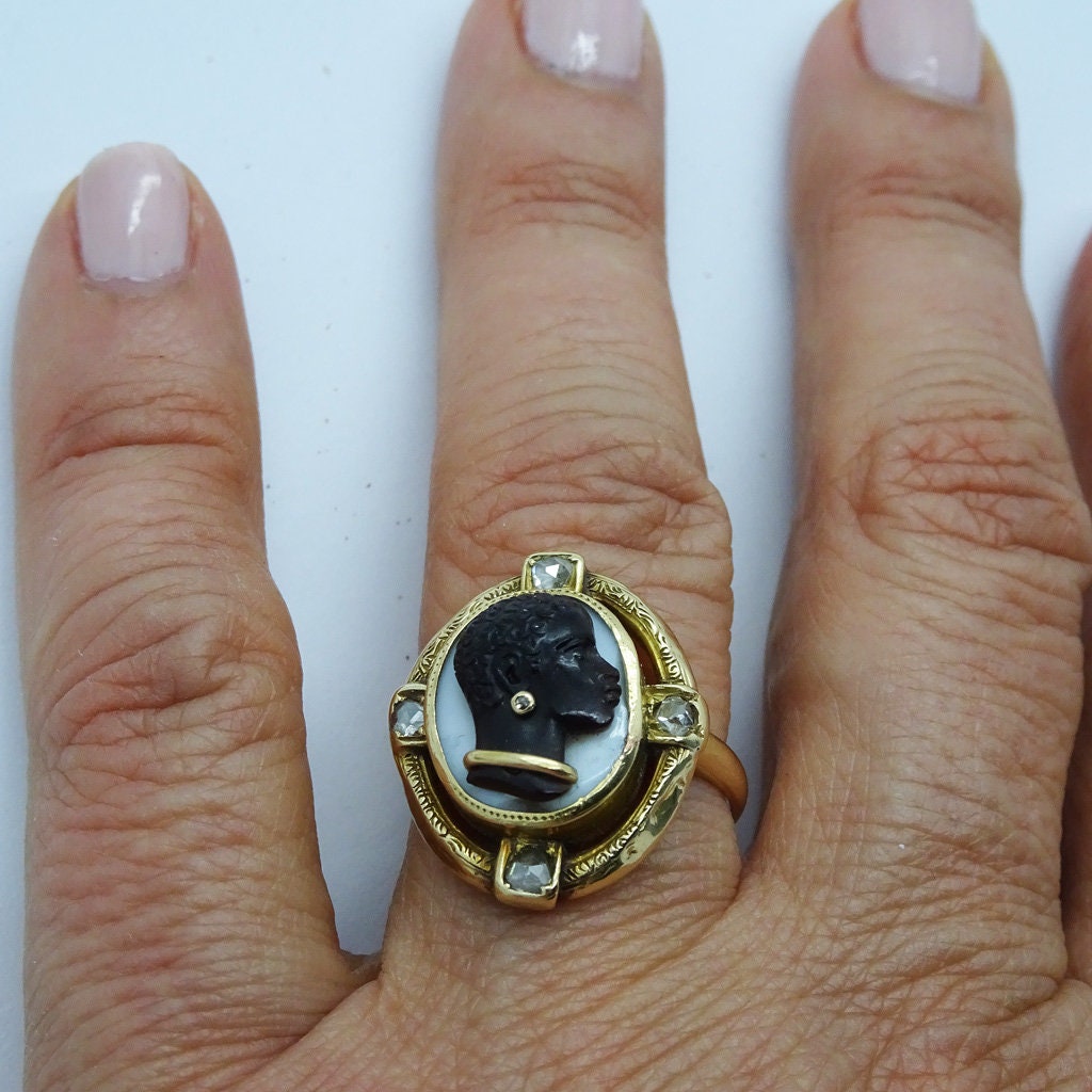 Antique Victorian Ring Blackamoor Cameo Agate 18k Gold Diamonds French (6741)