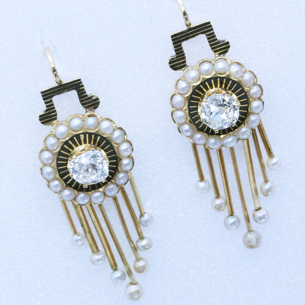 Antique Victorian Earrings Diamonds Pearls Enamel 18k Gold w Appraisal (6756)