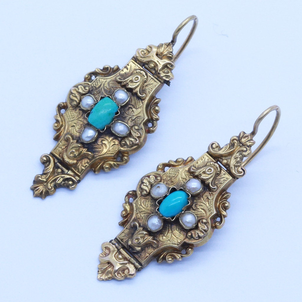 Antique Earrings Victorian Gold Turquoise Pearls Engraved Ear Pendants (6761)