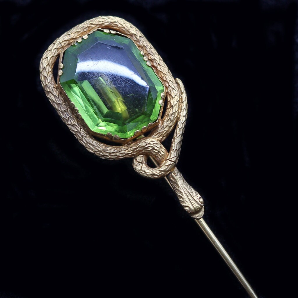 Antique Art Nouveau / Late Victorian Snake Tie Pin 14k Gold Peridot (5979)