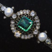 Victorian Bangle Bracelet Emerald Diamonds Pearls 14k Gold Antique Jewelry (6612)