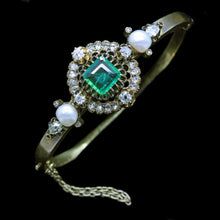 Victorian Bangle Bracelet Emerald Diamonds Pearls 14k Gold Antique Jewelry (6612)