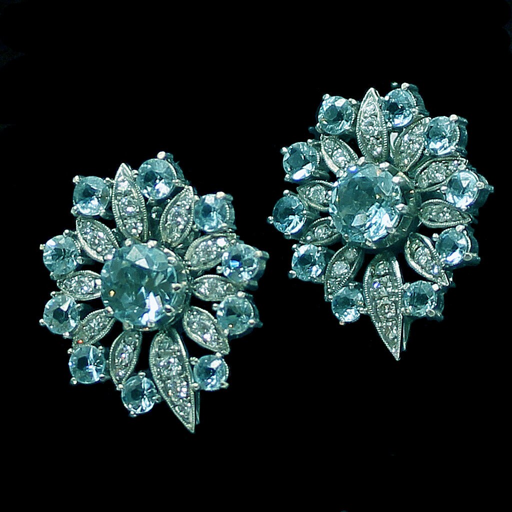 Antique Edwardian Earrings Diamond Aquamarine Platinum (4543)