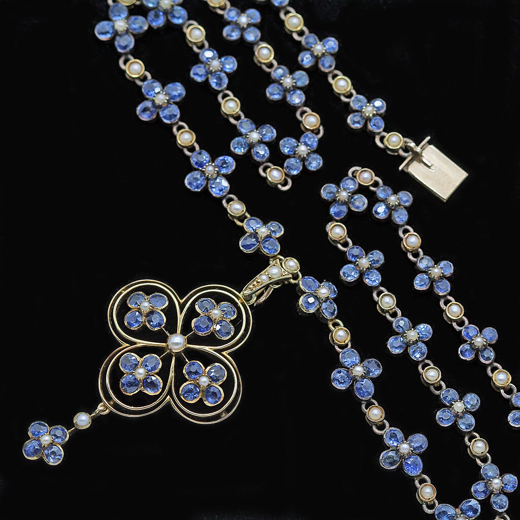 Antique Edwardian Necklace Removable Pendant Sapphires Pearls 15K Gold (4203)