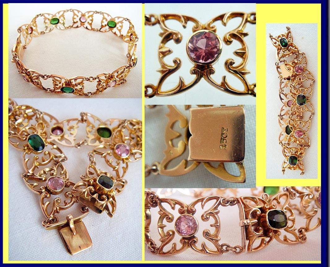 Antique Nouveau Bracelet 15ct Gold Tourmaline Pink Green Butterflies w cert(4665