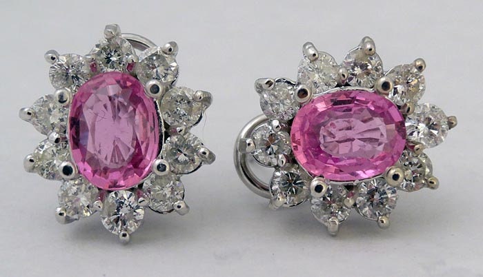 Vintage Retro Earrings Pink Sapphires Diamonds White Gold w Appraisal (5273)