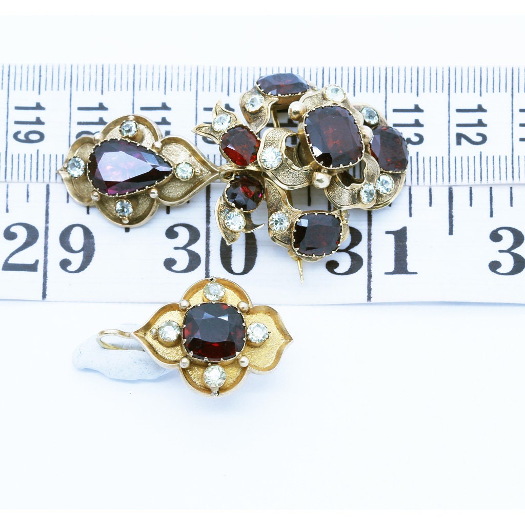 Antique Victorian Earrings Brooch Pendant Set Gold Garnet Gem Holbeinesque(6734)