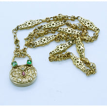 Antique Georgian Locket Pendant Gold Chain 15k Gold Emeralds Ruby Diamond (6735)
