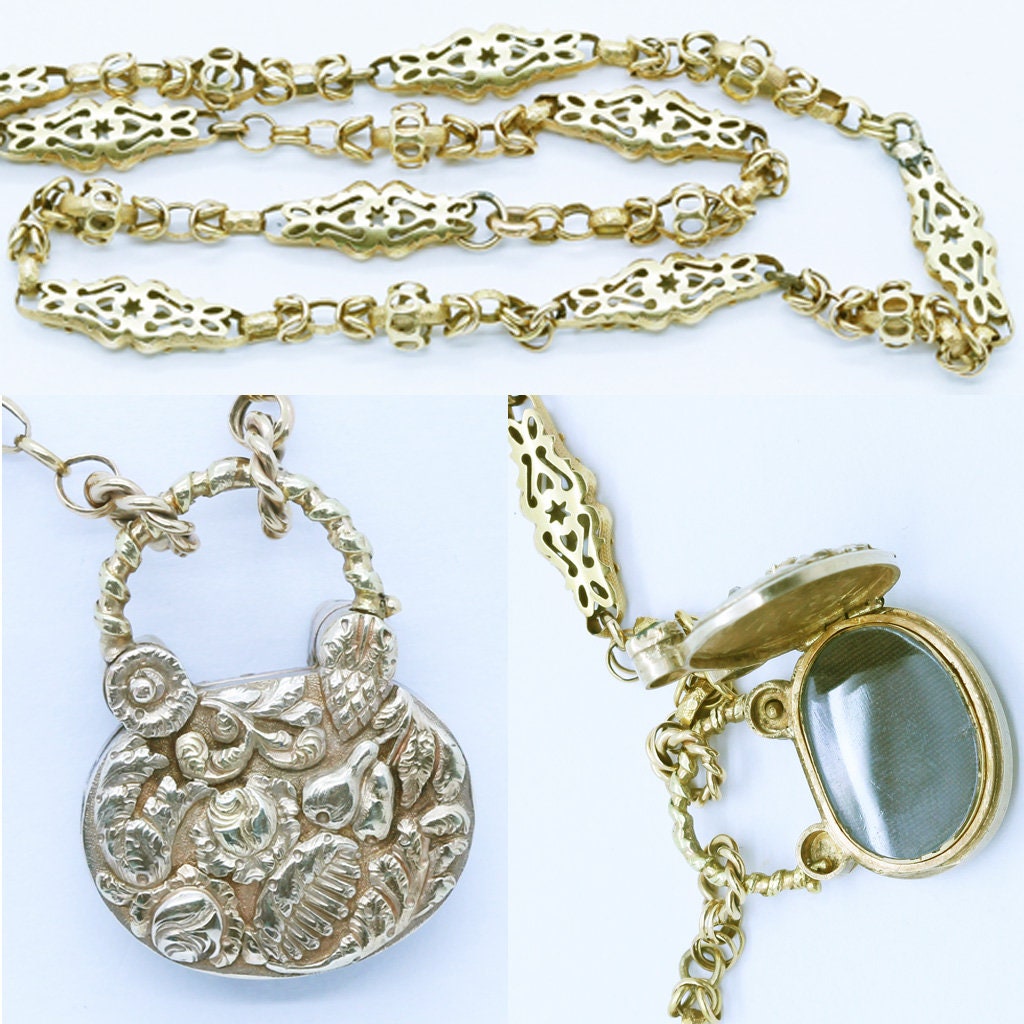 Antique Georgian Locket Pendant Gold Chain 15k Gold Emeralds Ruby Diamond (6735)