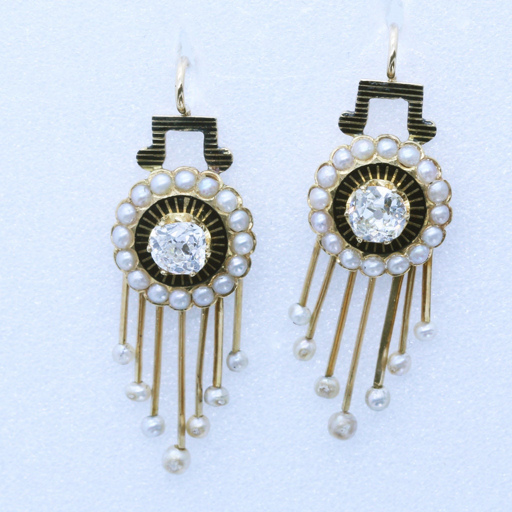 Antique Victorian Earrings Diamonds Pearls Enamel 18k Gold w Appraisal (6756)