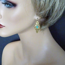 Antique Earrings Victorian Gold Turquoise Pearls Engraved Ear Pendants (6761)