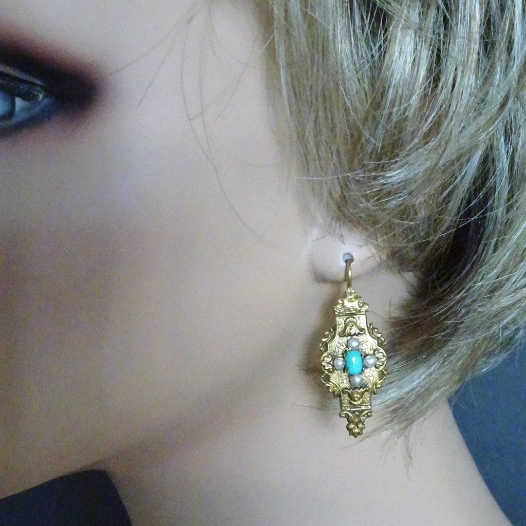 Antique Earrings Victorian Gold Turquoise Pearls Engraved Ear Pendants (6761)
