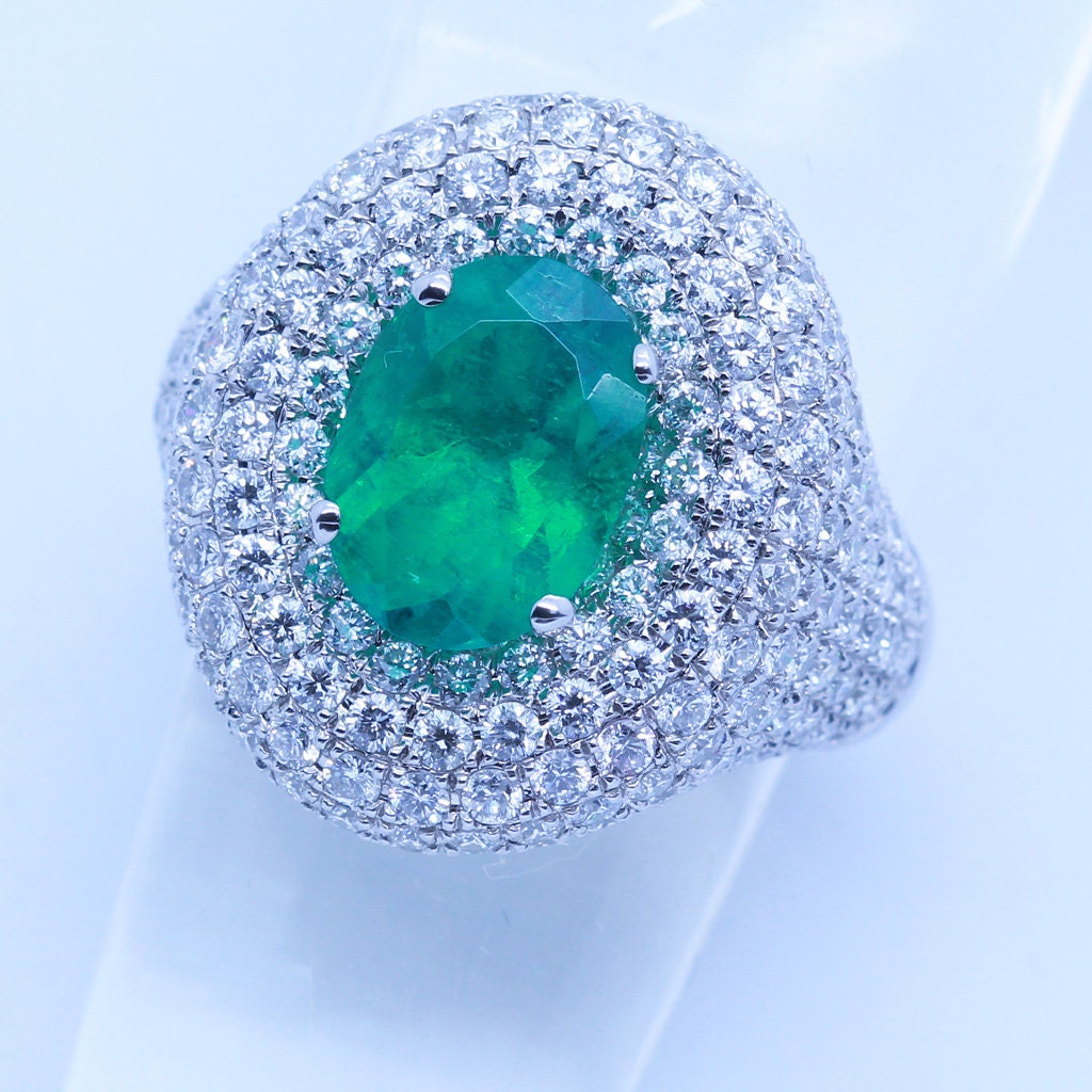Vintage Ring 3ct Diamonds 2.18 ct  Emerald 18k White Gold Big w Appraisal (4804)