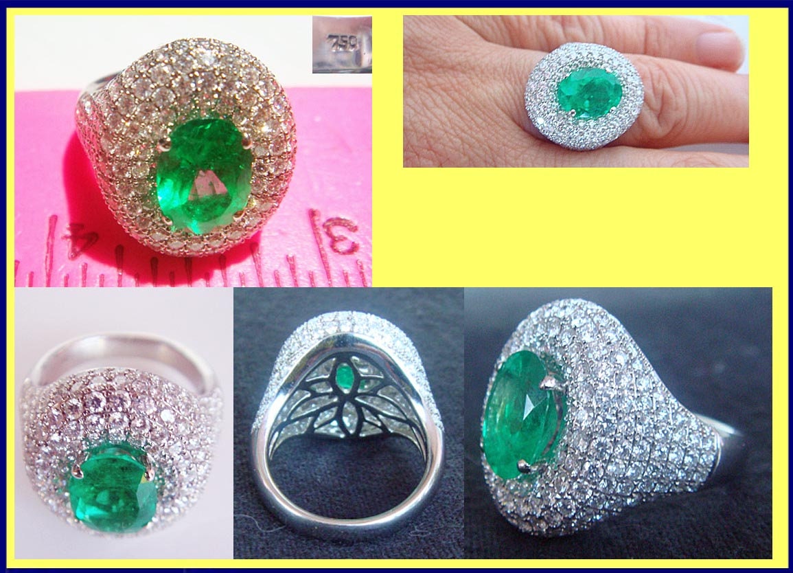 Vintage Ring 3ct Diamonds 2.18 ct  Emerald 18k White Gold Big w Appraisal (4804)