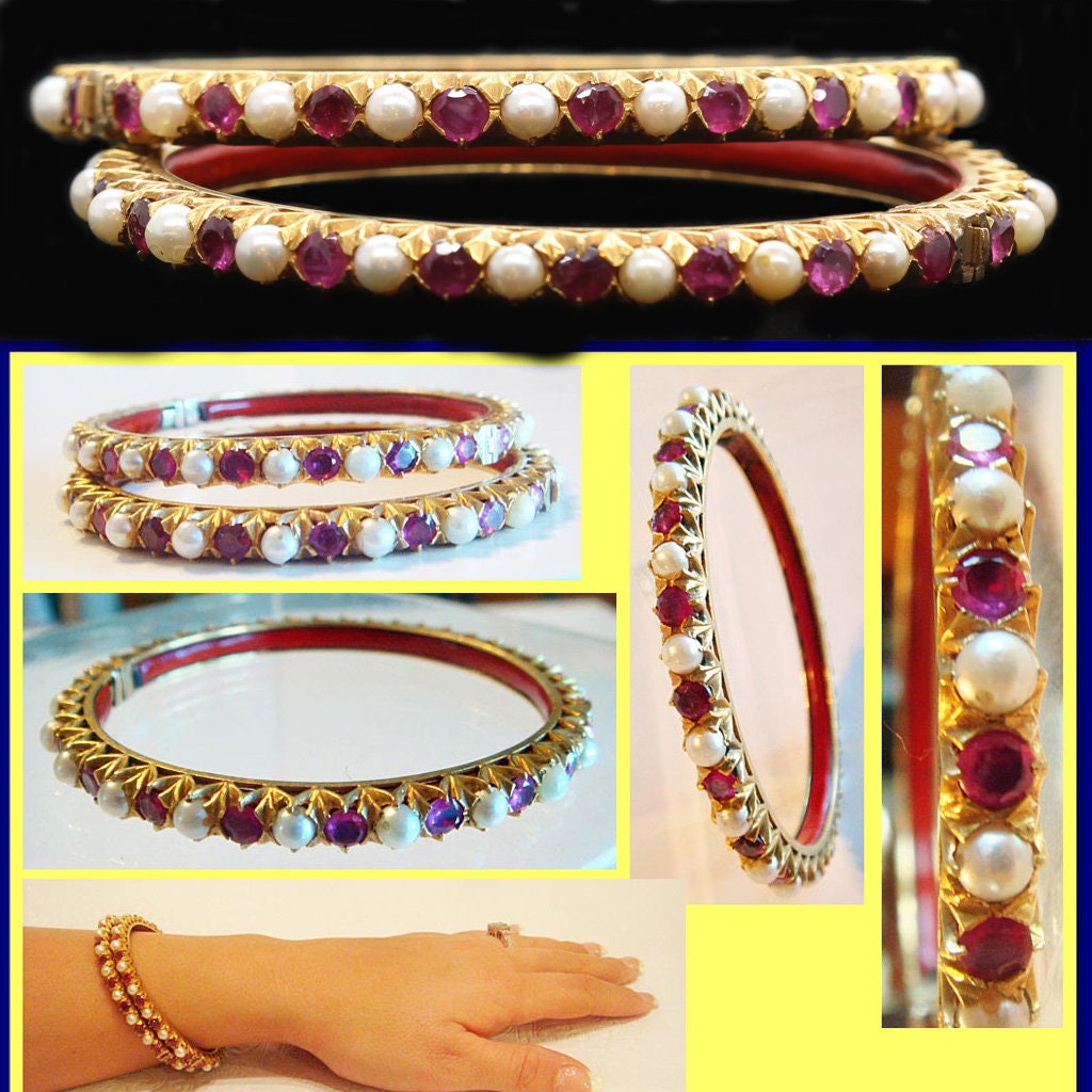 Antique Pair Bangles Gold Pearls Rubies  Maharaja Appraisal  India (4910)