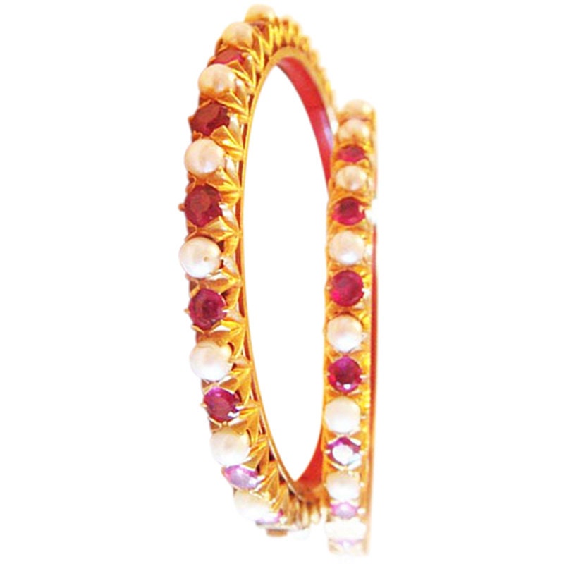 Antique Pair Bangles Gold Pearls Rubies  Maharaja Appraisal  India (4910)