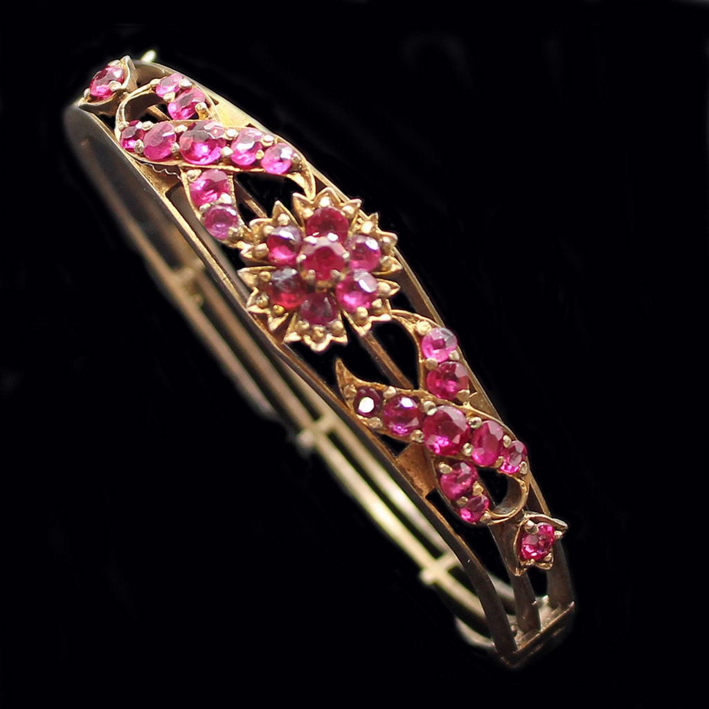 Antique Victorian Ruby Bracelet Bangle Natural Rubies Silver Gilt (4255)