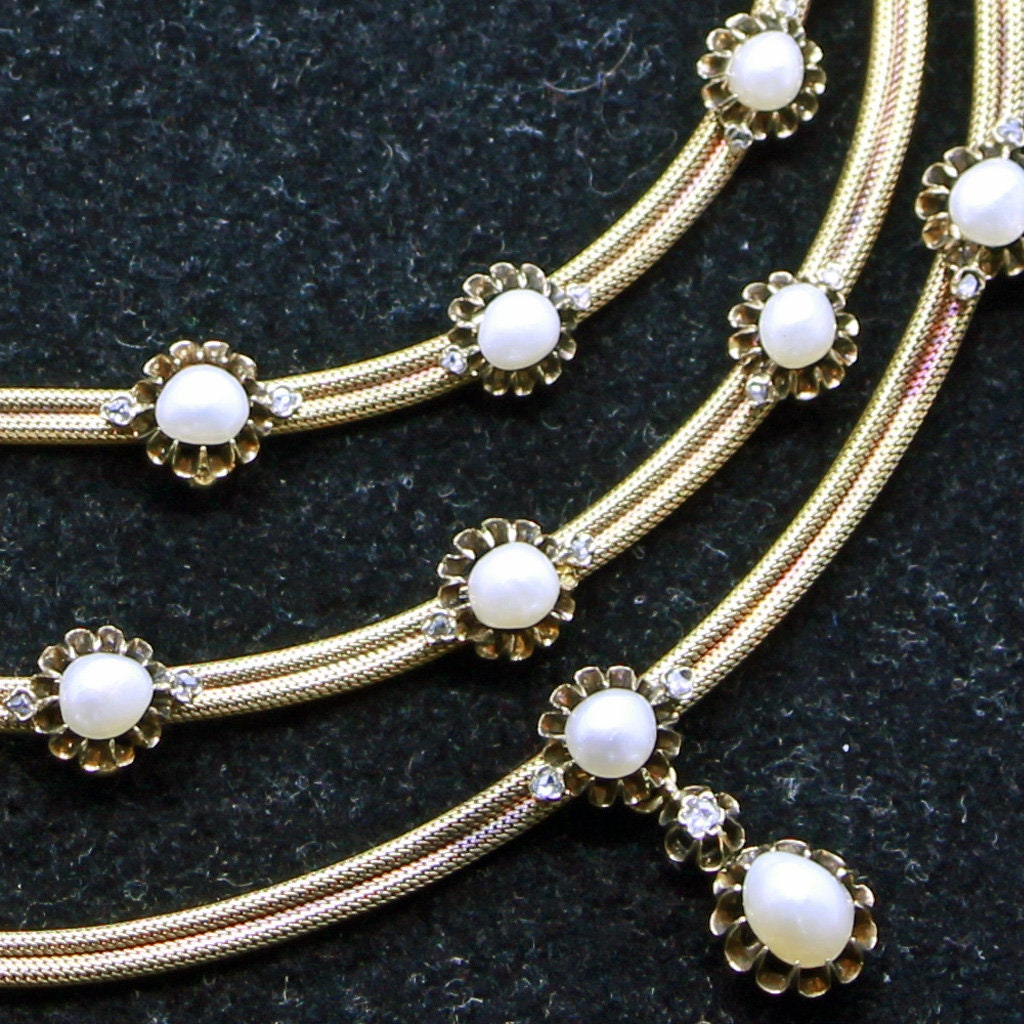 Antique Victorian Necklace Gold Natural Pearls Diamonds French w Appraisal (5841