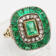 Antique Edwardian Ring Emeralds Diamonds 14k Chased Gold w Certificate (6117)