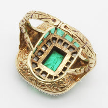Antique Edwardian Ring Emeralds Diamonds 14k Chased Gold w Certificate (6117)