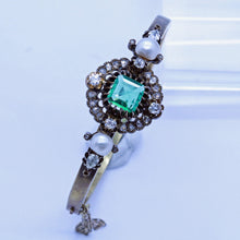 Victorian Bangle Bracelet Emerald Diamonds Pearls 14k Gold Antique Jewelry (6612)
