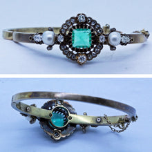 Victorian Bangle Bracelet Emerald Diamonds Pearls 14k Gold Antique Jewelry (6612)