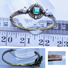Victorian Bangle Bracelet Emerald Diamonds Pearls 14k Gold Antique Jewelry (6612)