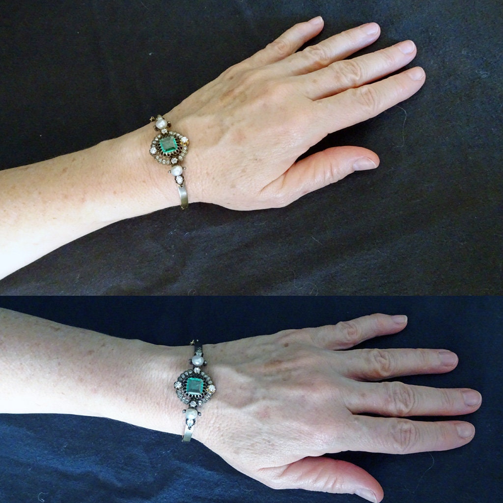 Victorian Bangle Bracelet Emerald Diamonds Pearls 14k Gold Antique Jewelry (6612)