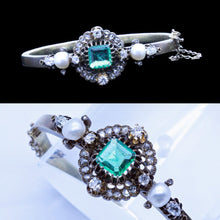 Victorian Bangle Bracelet Emerald Diamonds Pearls 14k Gold Antique Jewelry (6612)