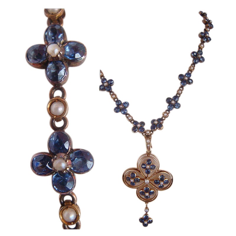 Antique Edwardian Necklace Removable Pendant Sapphires Pearls 15K Gold (4203)